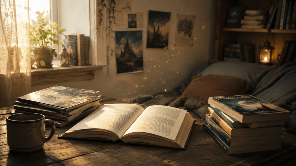 A quiet reading corner with comic books, fantasy novels, science fiction paperbacks, and an open book glowing in soft light.