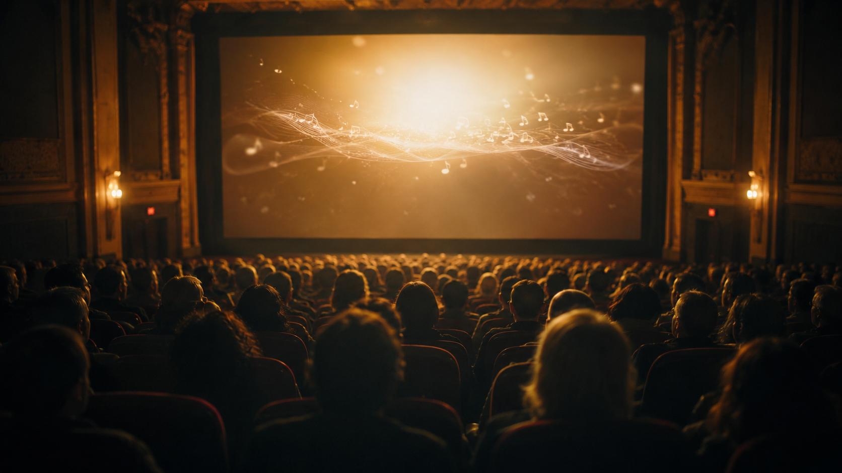 A crowded, dim movie theater filled with audience silhouettes facing a glowing screen in warm golden light.