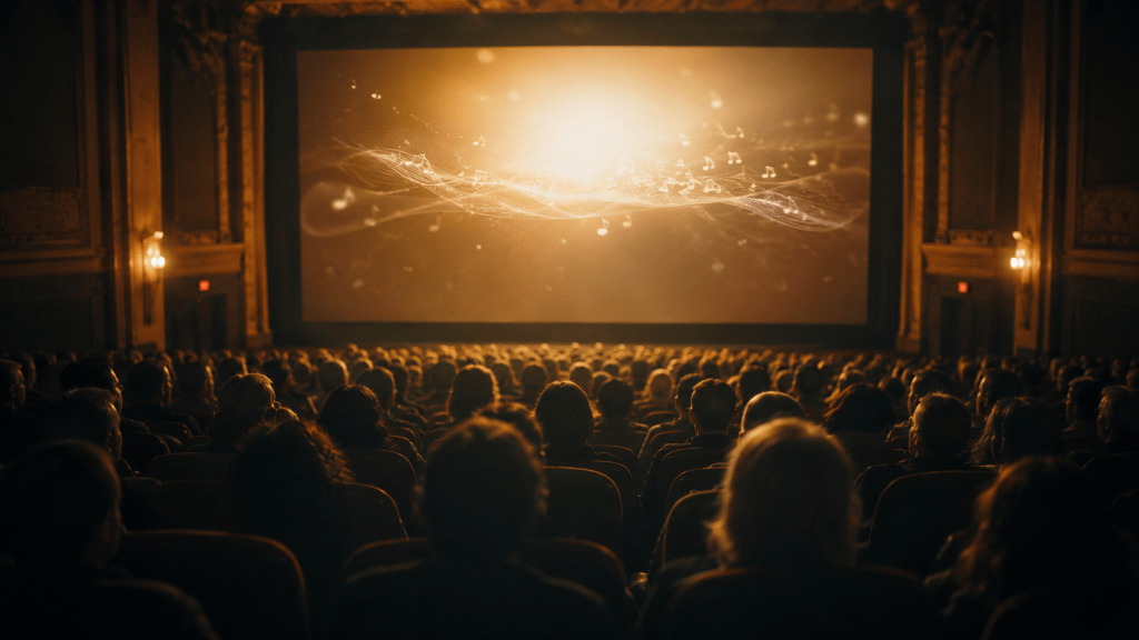 A crowded, dim movie theater filled with audience silhouettes facing a glowing screen in warm golden light.
