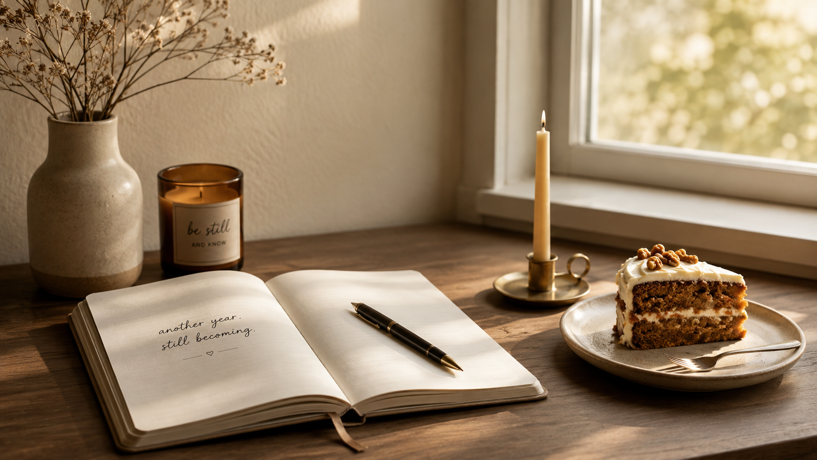 An open notebook, pen, small slice of cake, and birthday candle on a quiet desk in warm natural light.