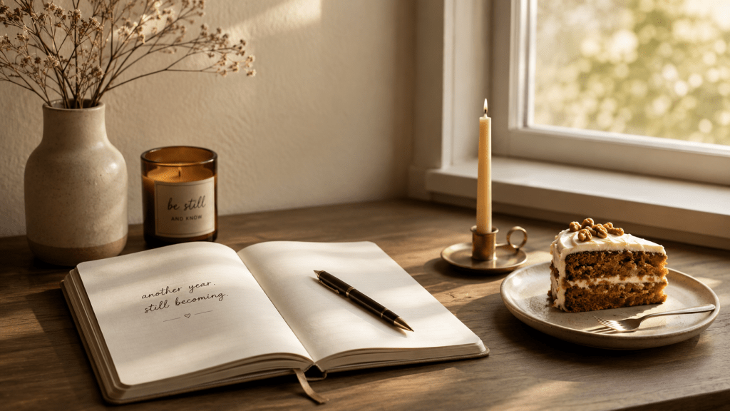 An open notebook, pen, small slice of cake, and birthday candle on a quiet desk in warm natural light.