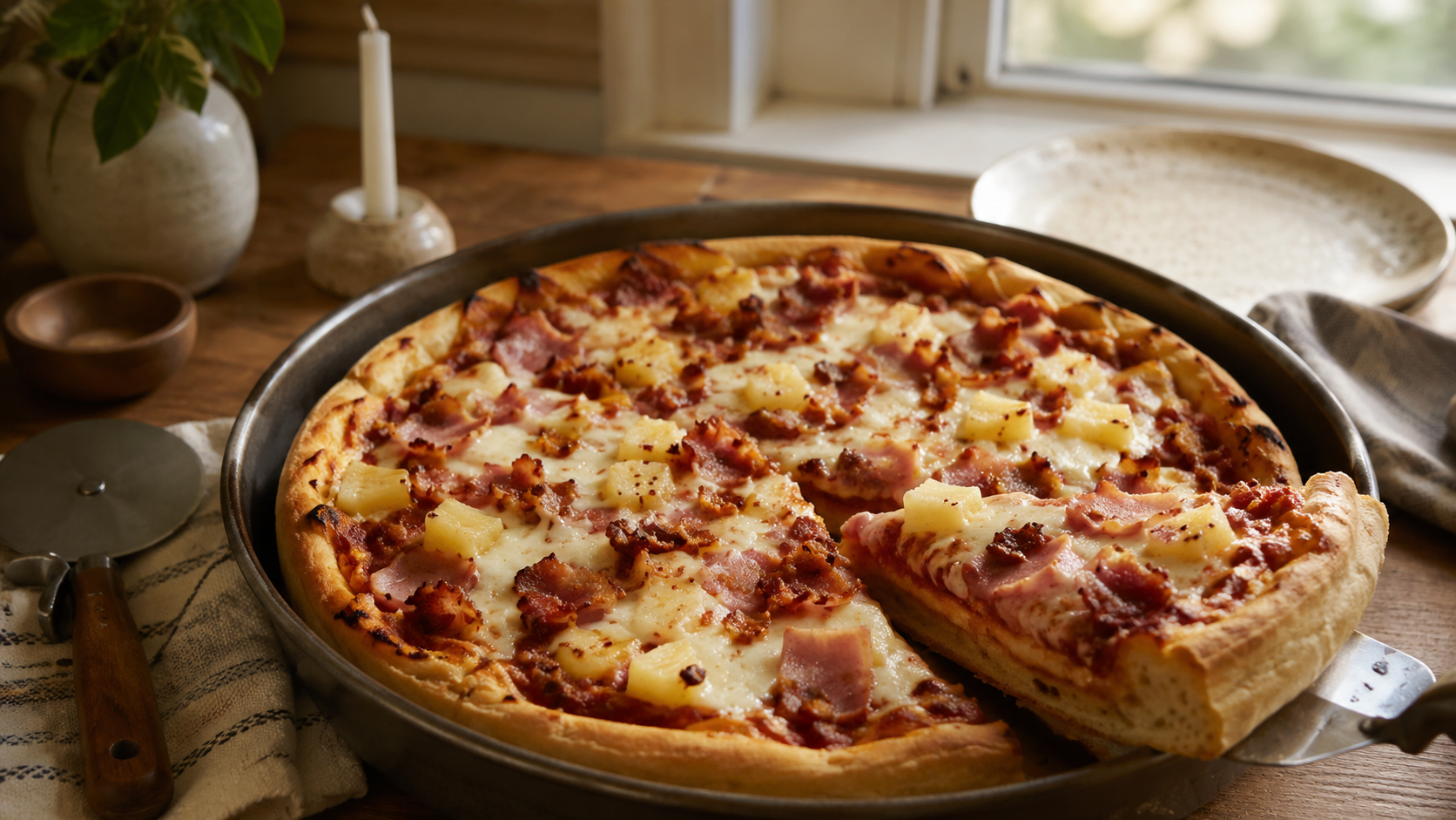 A homemade Hawaiian deep-dish pizza with caramelized pineapple, ham, bacon, and melted cheese, sitting on a wooden table in warm kitchen light.