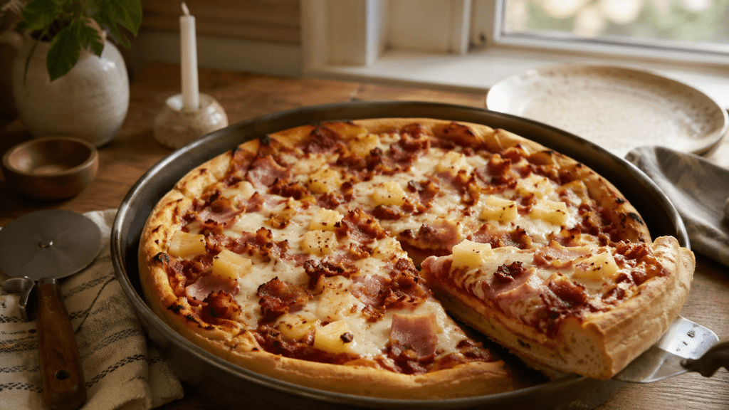 A homemade Hawaiian deep-dish pizza with caramelized pineapple, ham, bacon, and melted cheese, sitting on a wooden table in warm kitchen light.