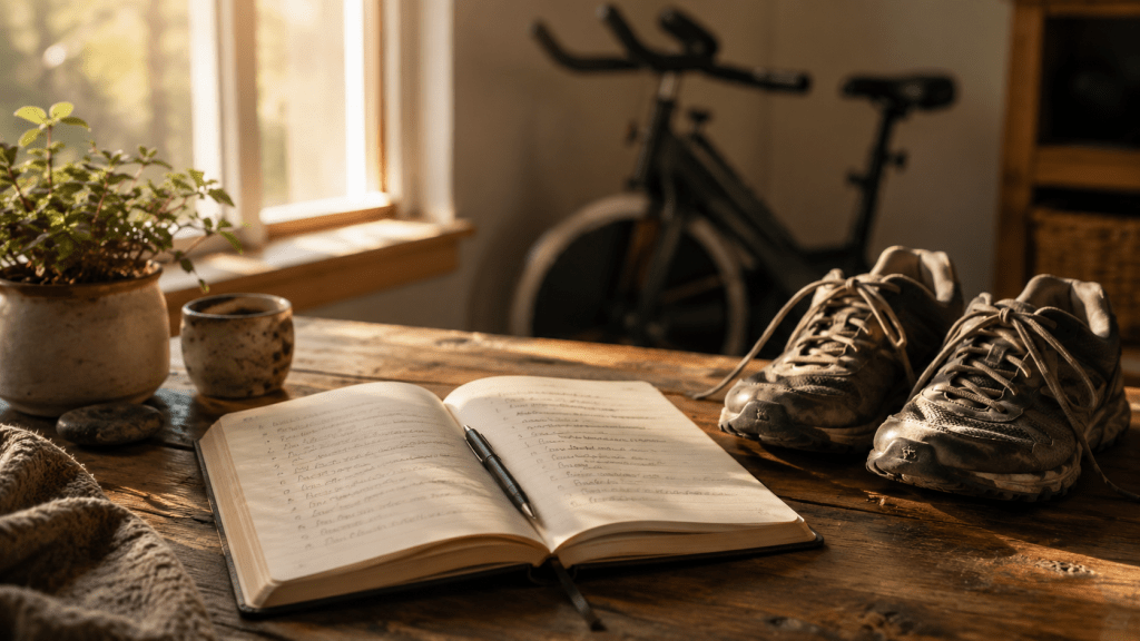 An open notebook on a wooden table, beside worn shoes, in soft morning light, symbolizes resilience and personal strength.