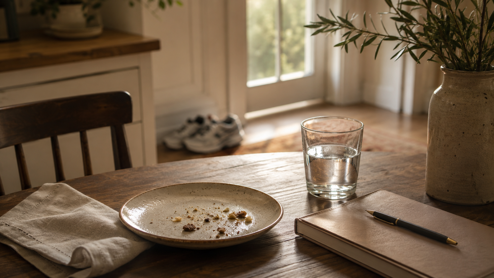 A quiet kitchen table with cake crumbs, a notebook, water glass, and workout shoes in the background, symbolizing rest and returning to routine.