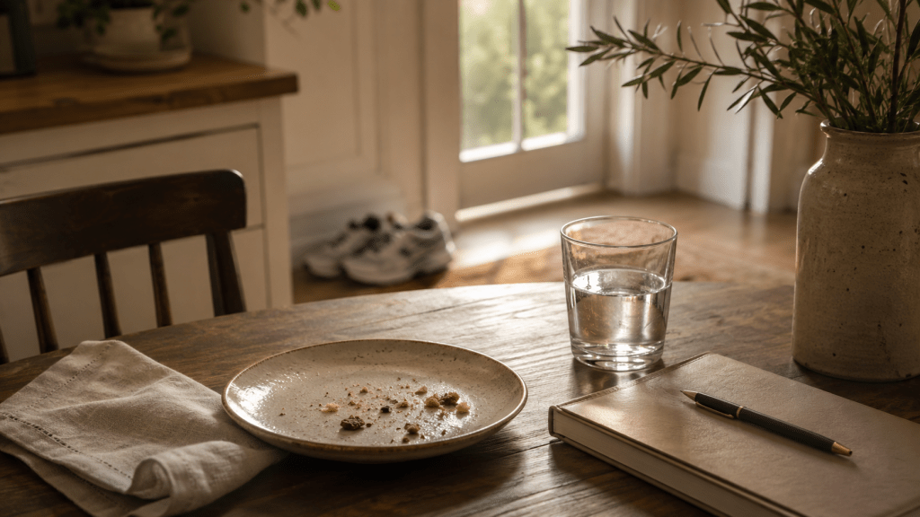 A quiet kitchen table with cake crumbs, a notebook, water glass, and workout shoes in the background, symbolizing rest and returning to routine.