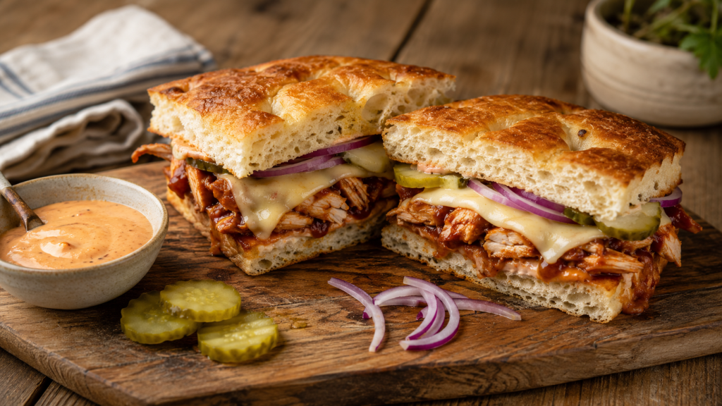 A BBQ chicken focaccia sandwich with smoked Gouda, red onion, pickles, and BBQ mayo on a wooden cutting board.