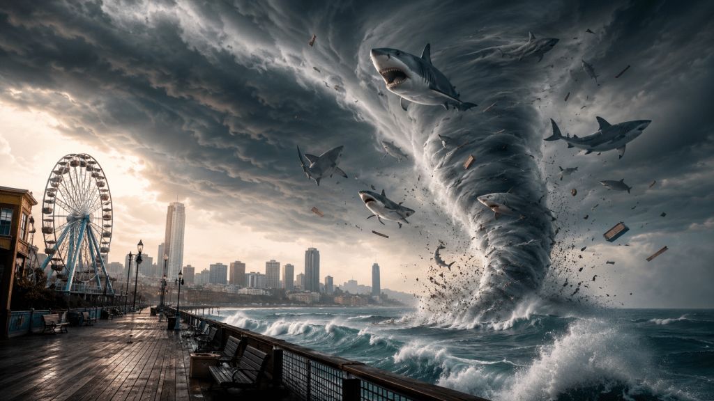A dramatic storm cloud over a city street with playful shark-like silhouettes swirling in the sky, inspired by a humorous movie reflection.