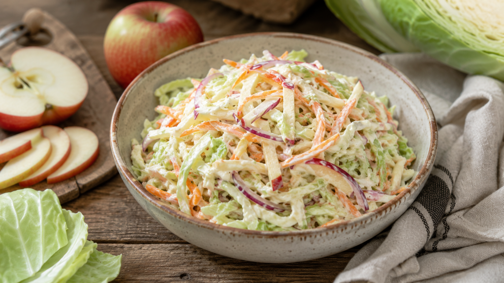A bowl of creamy apple slaw with cabbage, carrot, apple slices, and red onion on a wooden table.