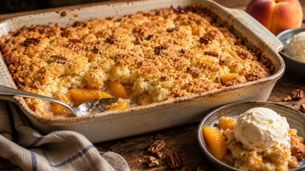 A golden peach cobbler dump cake in a baking dish with bubbling peaches, crisp cake topping, and a serving spoon nearby.