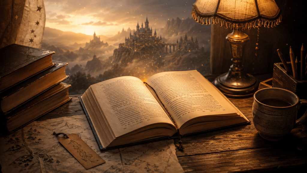 An open fantasy paperback on a wooden table in warm lamplight beside stacked books and a bookmark, symbolizing the first grown-up book a child finished.