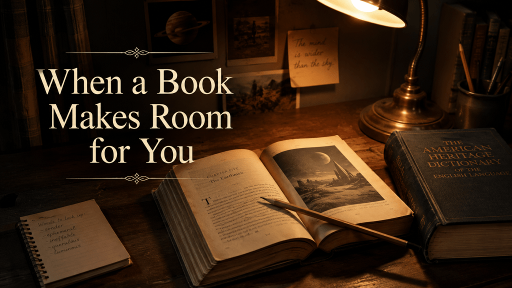 An open book and dictionary on a warmly lit desk, suggesting the experience of reading a difficult novel and looking up unfamiliar words.