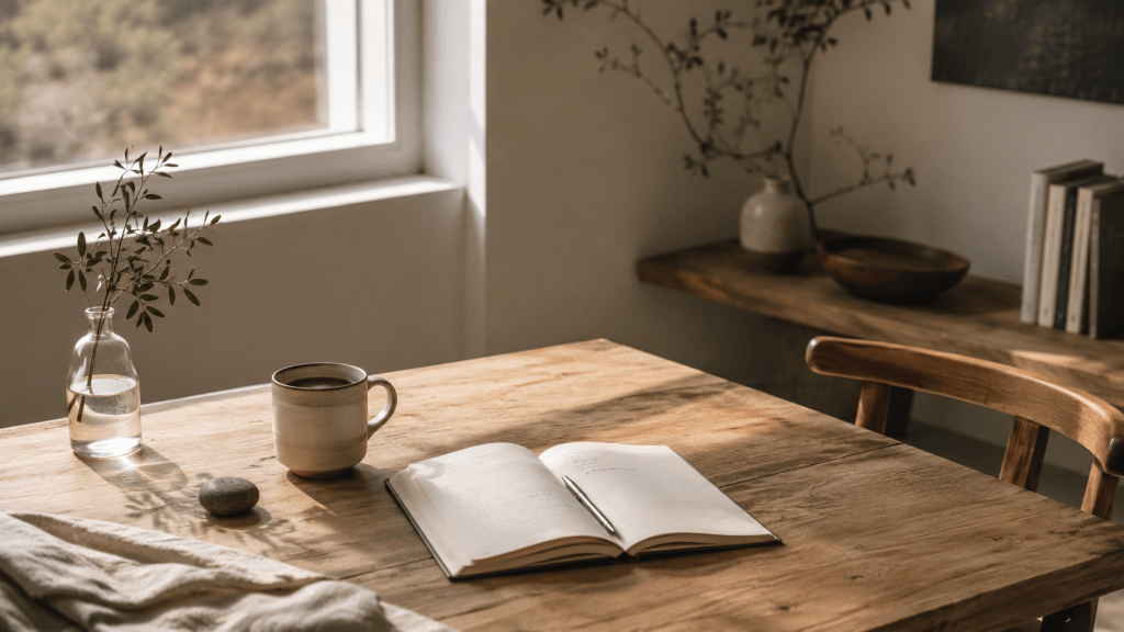 A quiet minimalist room with warm natural light, a notebook, a mug, and a clean wooden table.