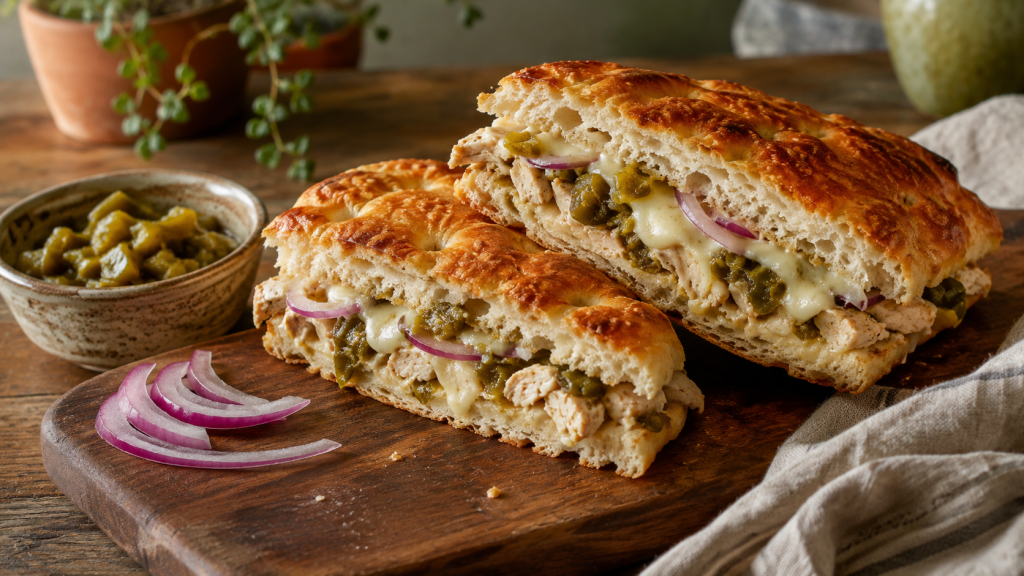 A green chile chicken melt on focaccia with melted cheese, roasted green chile, chicken, and red onion on a wooden cutting board.