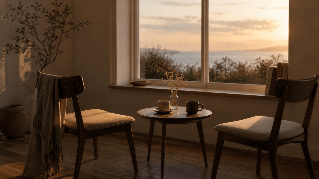Two empty chairs near a window in soft evening light, symbolizing love, longing, and the question of soulmates.