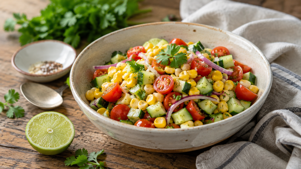 A bowl of corn, tomato, and cucumber salad with red onion, herbs, and lime dressing on a wooden table.