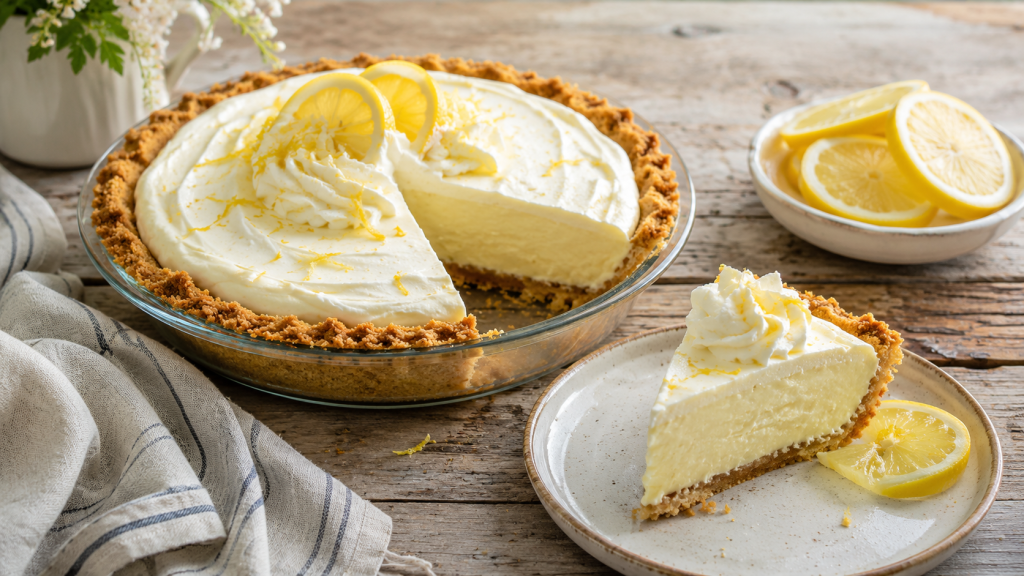 A no-bake lemon icebox pie with a graham cracker crust, creamy lemon filling, whipped cream, and lemon slices on a wooden table.