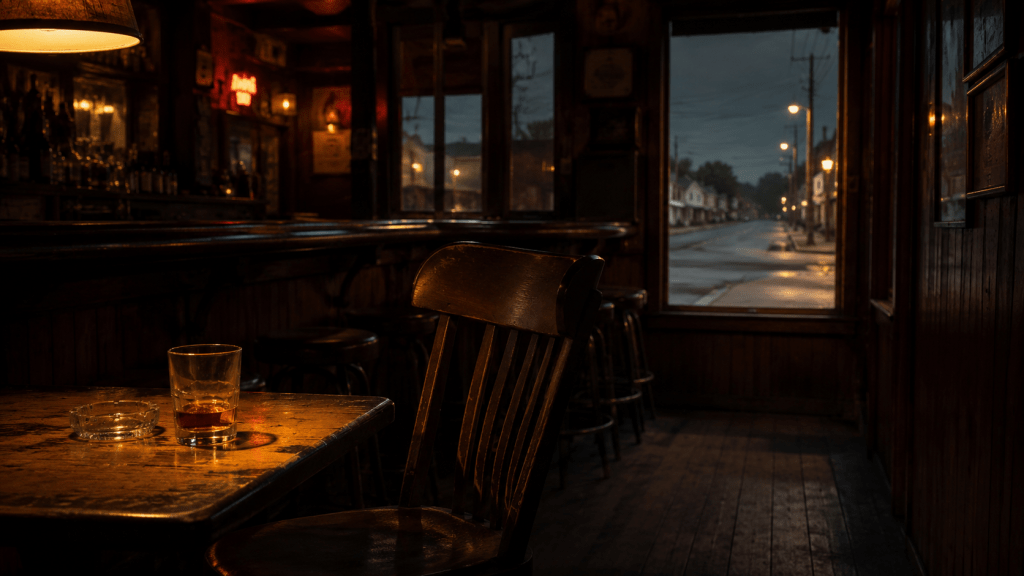A quiet empty barstool in a dim Midwestern bar with warm light, symbolizing the life not chosen and the courage to leave.
