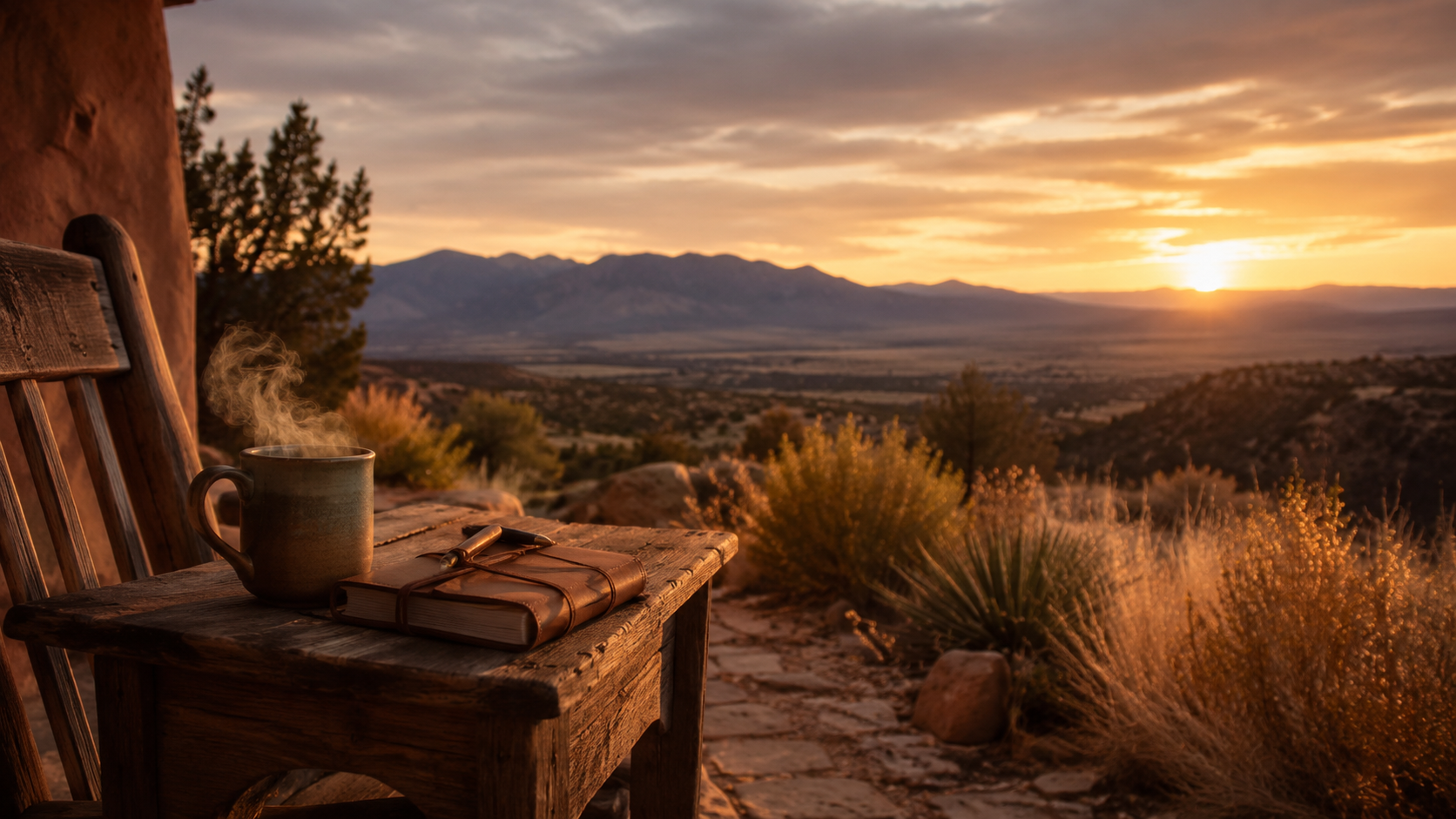 Quiet New Mexico landscape at sunset with mountains and a journal on a chair, symbolizing personal reflection and growth.