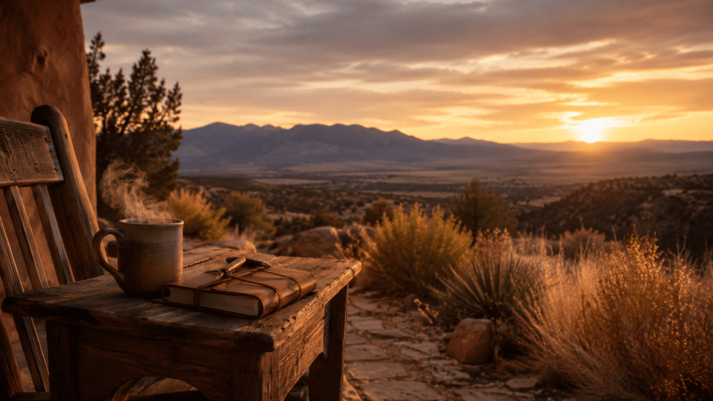 Quiet New Mexico landscape at sunset with mountains and a journal on a chair, symbolizing personal reflection and growth.
