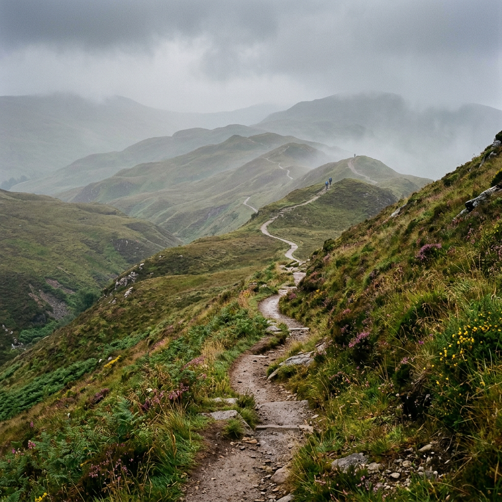 Winding dirt hiking trail through green grassy hills under misty skies