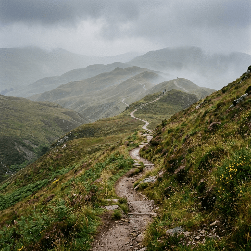 Winding dirt hiking trail through green grassy hills under misty skies