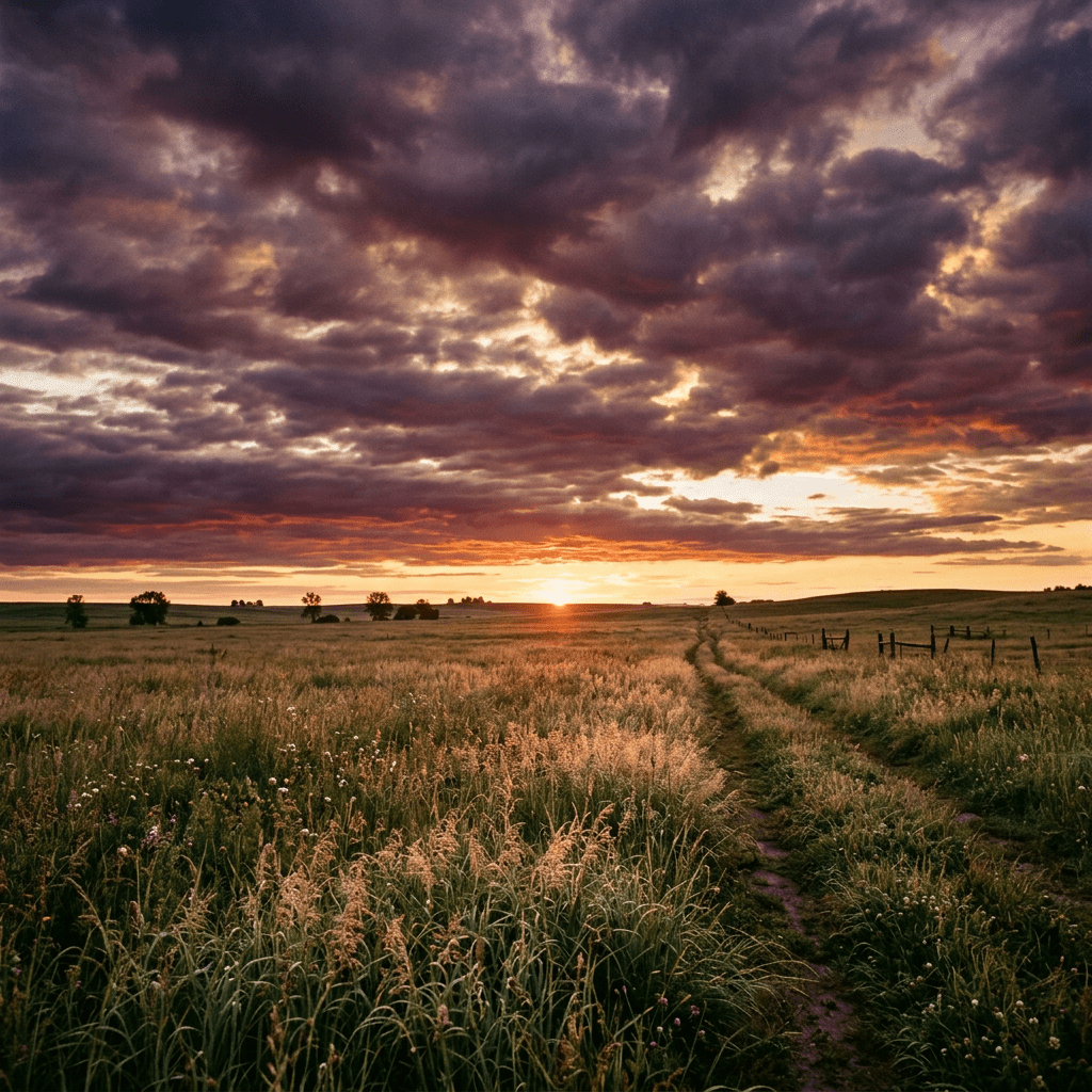 Dirt trail through tall grass field with sunset and cloudy sky