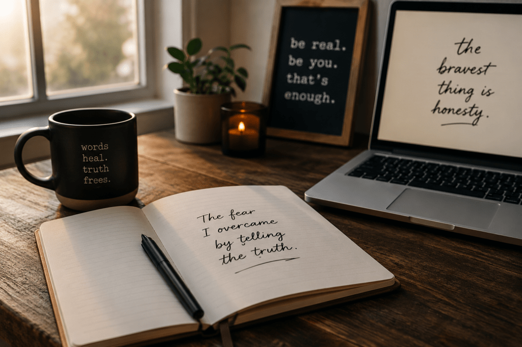 A quiet writing desk with an open notebook, pen, and laptop in warm light, symbolizing overcoming fear through honest writing.