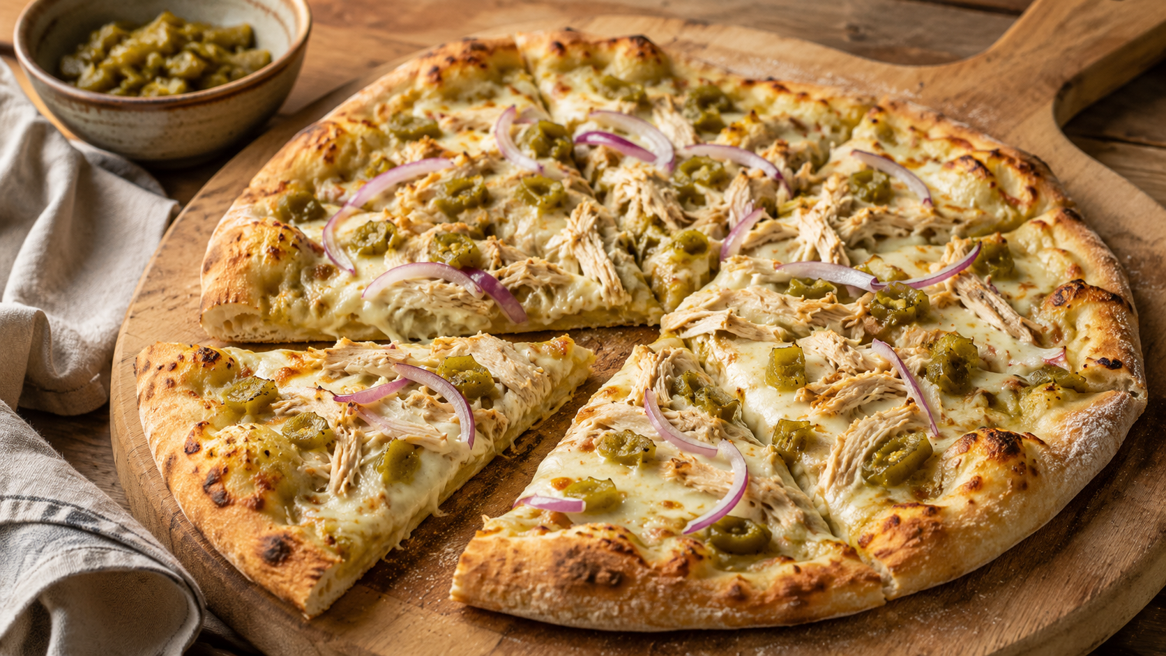 Green chile chicken pizza with melted cheese, roasted green chile, and chicken on a golden crust.