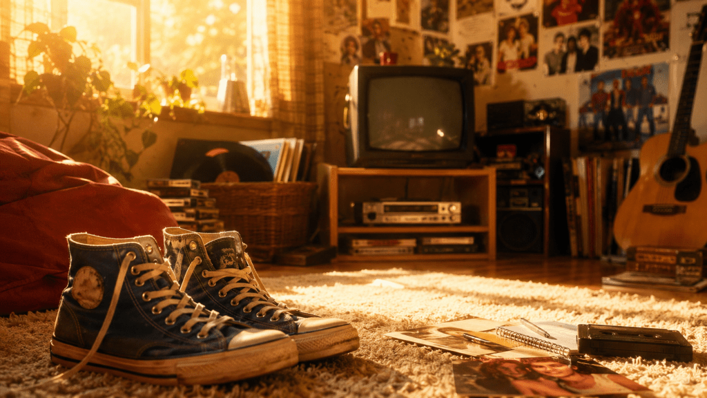A nostalgic sunlit room with worn high-top sneakers, a small music setup, and warm light, symbolizing a feel-good song and Gen X memories.