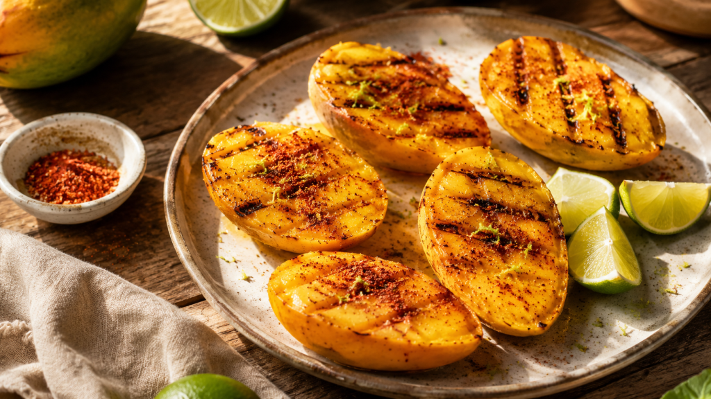 Grilled mangoes with chile powder, lime wedges, and caramelized grill marks on a rustic serving board.