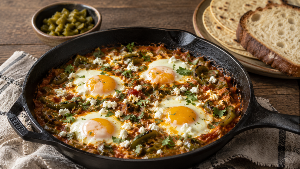 Green-chile morning skillet with baked eggs, tomatoes, roasted green chiles, and feta in a cast-iron pan.
