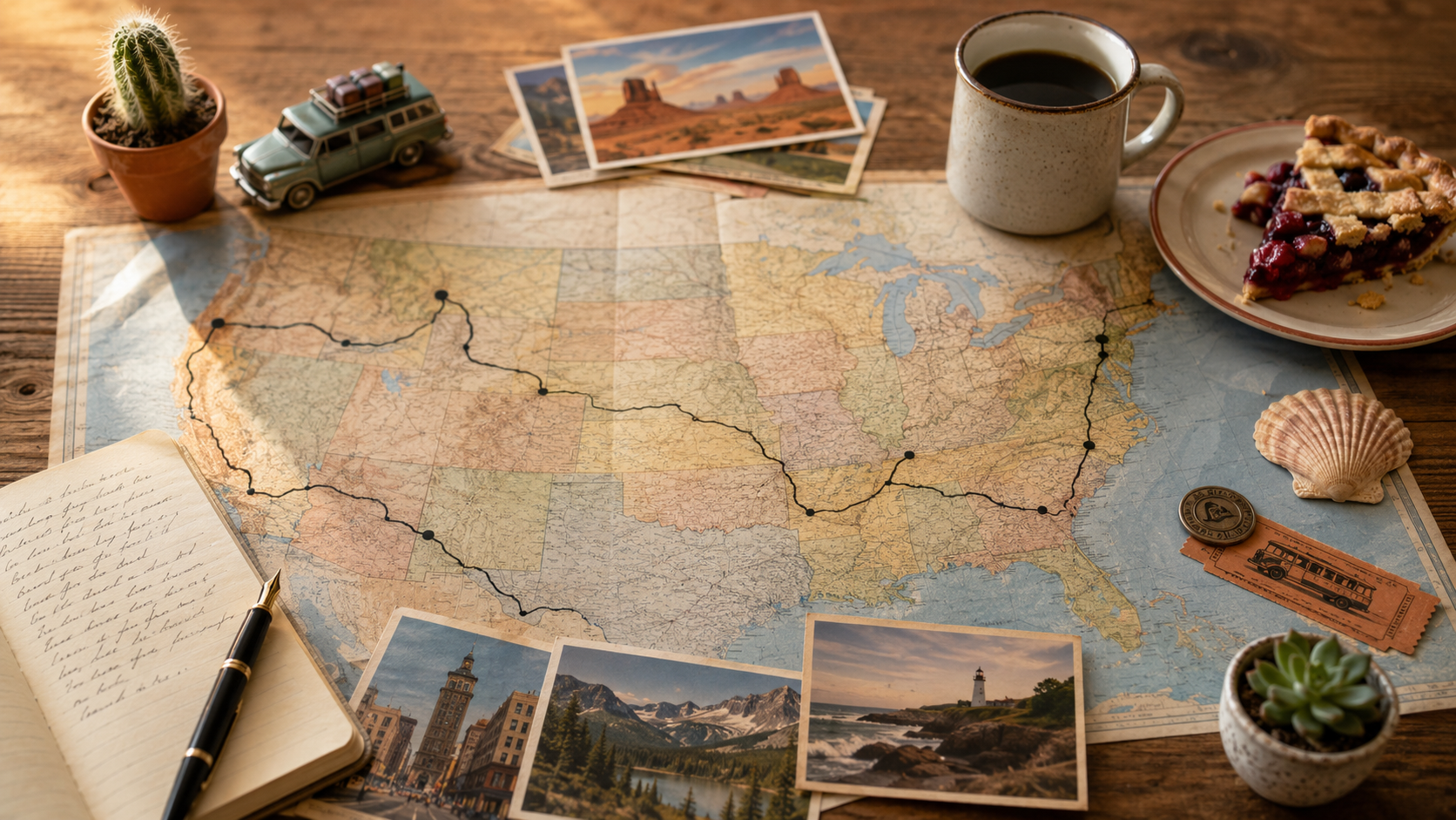 A map of the United States on a wooden table with travel notes, postcards, and regional markers symbolizing America's many cultures.
