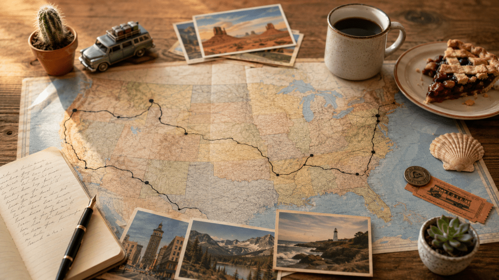 A map of the United States on a wooden table with travel notes, postcards, and regional markers symbolizing America's many cultures.