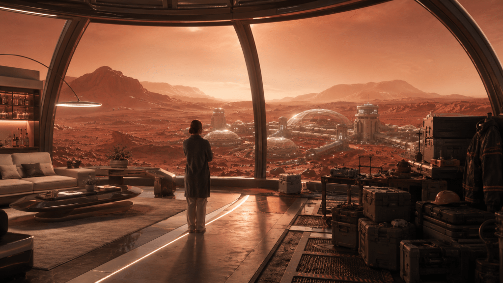 A futuristic Mars colony seen through a glass dome, with a red landscape outside and worker tools in the foreground, symbolizing progress and inequality.