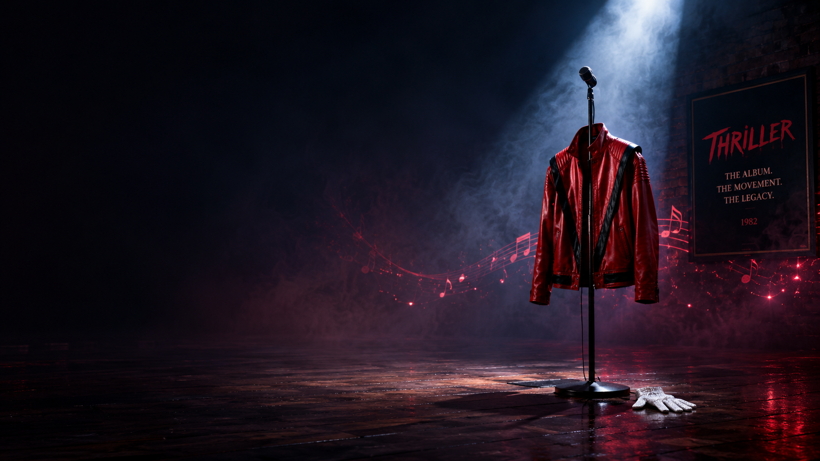 A red jacket and a white glove under a spotlight on an empty dance floor symbolize the cultural legacy of Michael Jackson's "Thriller".