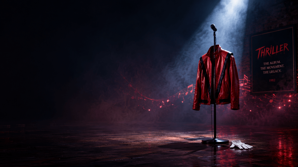 A red jacket and a white glove under a spotlight on an empty dance floor symbolize the cultural legacy of Michael Jackson's "Thriller".