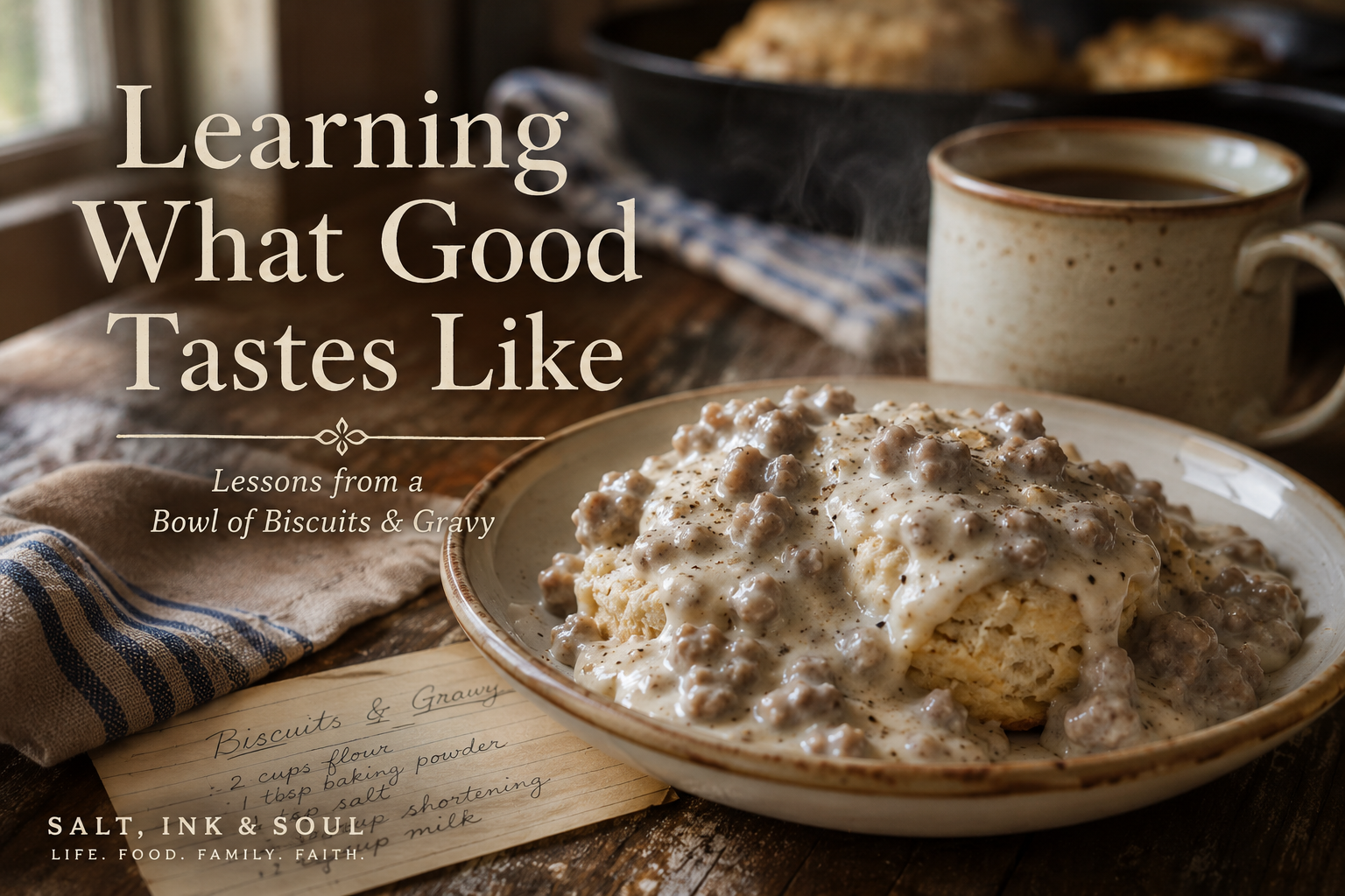 Fresh homemade Southern biscuits covered with creamy turkey sausage gravy and cracked black pepper, served with a hot cup of coffee on a rustic breakfast table.