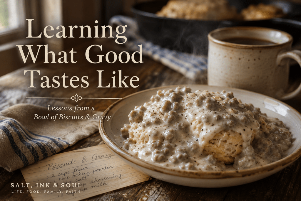 Fresh homemade Southern biscuits covered with creamy turkey sausage gravy and cracked black pepper, served with a hot cup of coffee on a rustic breakfast table.