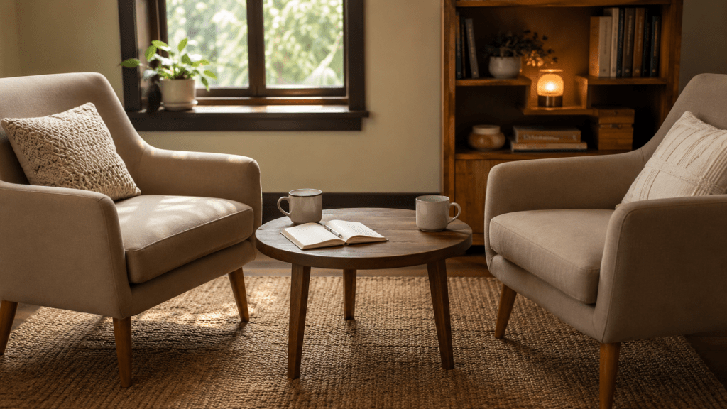 Two chairs facing each other beside a small table with two mugs and an open notebook, symbolizing honest communication and healthy boundaries in relationships.