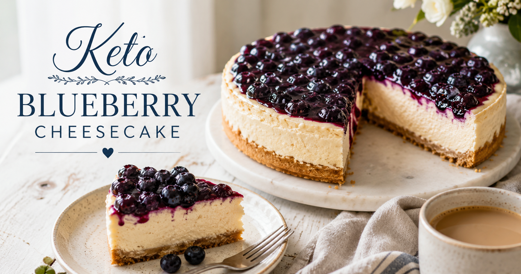 A slice of keto blueberry cheesecake with a creamy filling, almond flour shortbread crust, and glossy blueberry topping on a small plate.