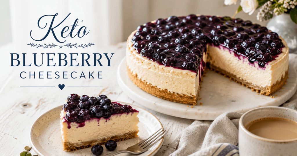 A slice of keto blueberry cheesecake with a creamy filling, almond flour shortbread crust, and glossy blueberry topping on a small plate.