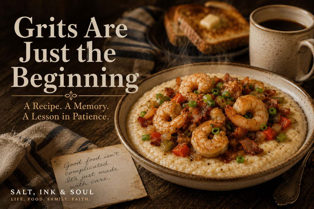 Creamy stone-ground grits topped with shrimp, bacon, peppers, and onions, served with buttered homemade toast and coffee on a rustic breakfast table.