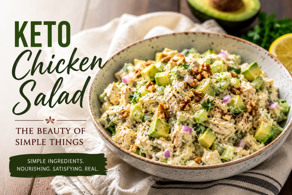 Pinterest recipe card featuring Keto Chicken Salad with shredded chicken, avocado, celery, red onion, walnuts, ingredients list, step-by-step instructions, and serving suggestions from Salt, Ink & Soul.