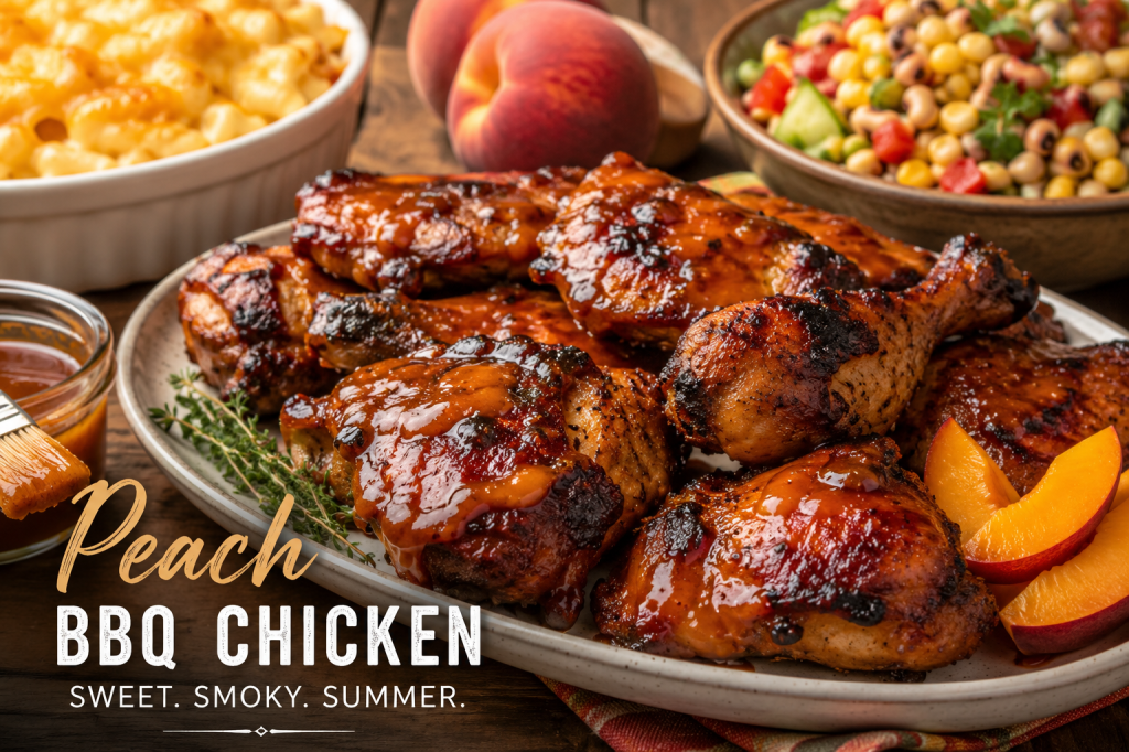 Grilled peach BBQ chicken glazed with peach preserves and barbecue sauce served with baked macaroni and cheese and a summer garden salad.