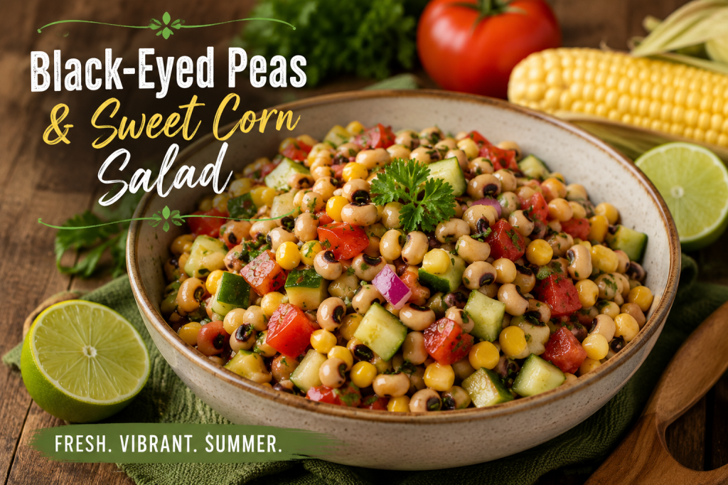 Bowl of black-eyed peas and sweet corn salad with tomatoes, cucumber, red onion, fresh herbs, and lime dressing on a rustic wooden table.