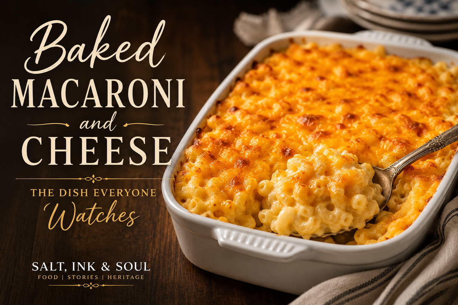 A golden-brown baking dish filled with creamy baked macaroni and cheese, topped with melted cheddar, and served family-style on a rustic wooden table.