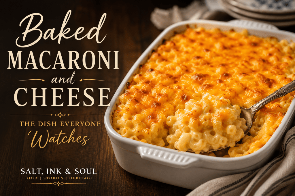 A golden-brown baking dish filled with creamy baked macaroni and cheese, topped with melted cheddar, and served family-style on a rustic wooden table.