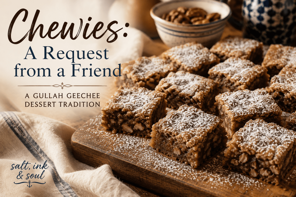 Freshly baked Gullah Geechee chewies are dusted with powdered sugar and cut into squares on a wooden serving board.