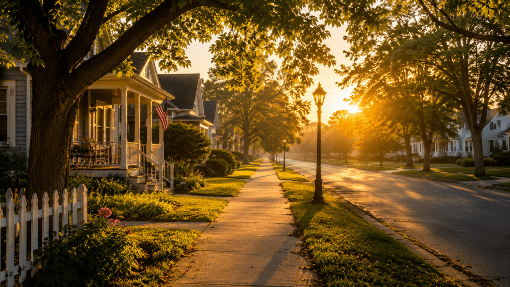 A quiet neighborhood street at sunrise symbolizes kindness, purpose, and the lasting influence of Fred Rogers.